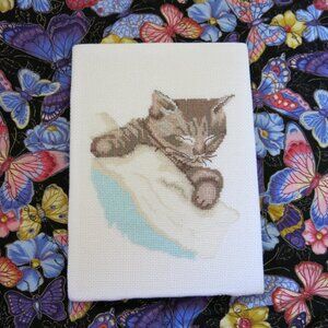 Vintage Finished Cotton Cross Stich Tabby Cat by Bob Harrison for Leisure Arts
